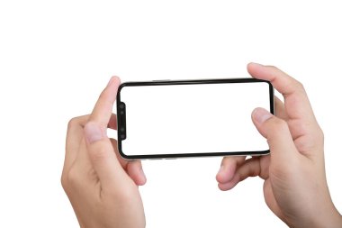 Fotoğrafta beyaz blackground izole kadın elinde Smartphone