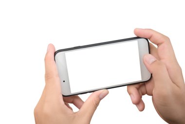 Fotoğrafta beyaz blackground izole kadın elinde Smartphone