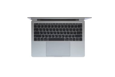 Beyaz arka plan üzerinde izole İngilizce klavye ile modern retina dizüstü üstten görünüm. yüksek kalite.