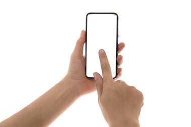 Fotoğrafta beyaz blackground izole kadın elinde Smartphone