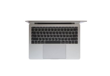 Top view of modern retina laptop with English keyboard isolated on white background. High quality. clipart