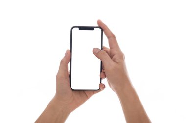 kilit ekran telefon telefon tutarak el ve ekran dokunaklı beyaz arka plan üzerinde izole