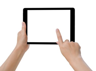 Beyaz arka plan üzerinde izole boş dokunmatik ekranlı tablet siyah renk