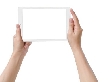 bir tablet bilgisayar becerikli alet ile izole ekran tutan eller