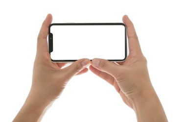 Fotoğrafta beyaz blackground izole kadın elinde Smartphone