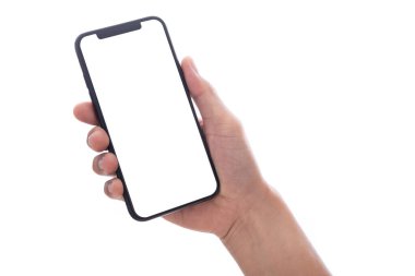 Kadın el Beyaz tablet ile boş siyah perde - beyaz izole holding