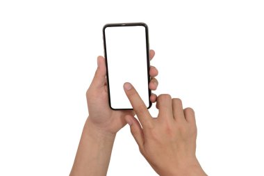 telefon mobil ve beyaz arka plan üzerinde izole ekran dokunaklı tutan el