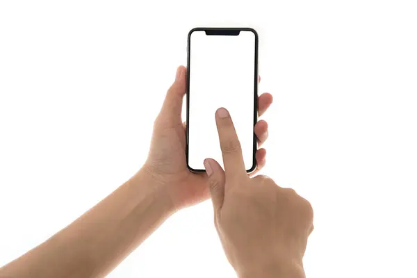 Fotoğrafta beyaz blackground izole kadın elinde Smartphone
