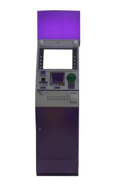 Boş ekranlı ATM ve beyaz arkaplanda izole edilmiş ödeme kartı desteği