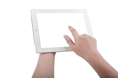 beyaz arka plan üzerinde izole tablet kullanarak yakın çekim el