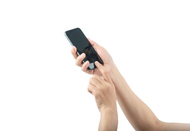 Fotoğrafta beyaz blackground izole kadın elinde Smartphone