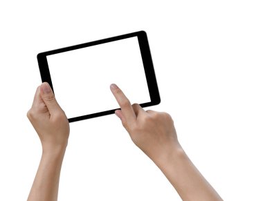 Holding ve beyaz arka plan üzerinde izole tablet PC'de dokunmadan eller