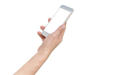 İzole edilmiş arka planda beyaz ekranlı beyaz cep telefonu tutan kadın..