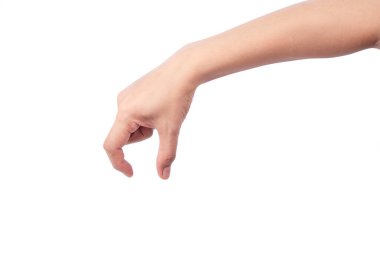 Beyaz arka planda izole edilmiş bir jest gösteren kadının eli.