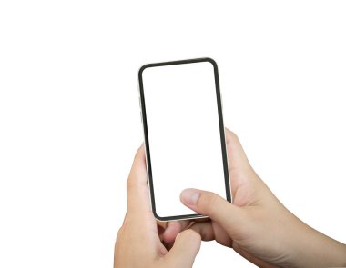 Fotoğrafta beyaz blackground izole kadın elinde Smartphone