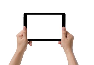 bir tablet bilgisayar becerikli alet ile izole ekran tutan eller