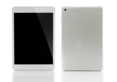 Tablet bilgisayar ön ve arka beyaz arka plan üzerinde izole
