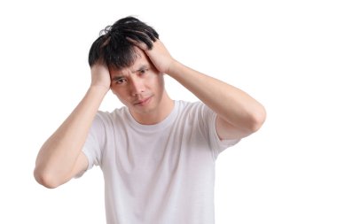 A man with a bald head is looking at the camera with his hands on his head. He is in a state of distress or confusion clipart