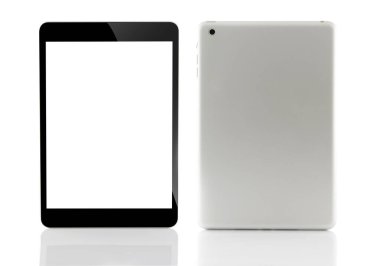 Tablet bilgisayar ön ve arka beyaz arka plan üzerinde izole