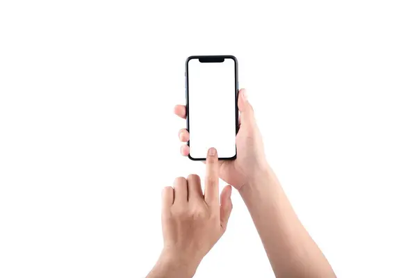Fotoğrafta beyaz blackground izole kadın elinde Smartphone