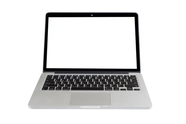 Boş ekranlı laptop beyaz arkaplanda izole edildi,