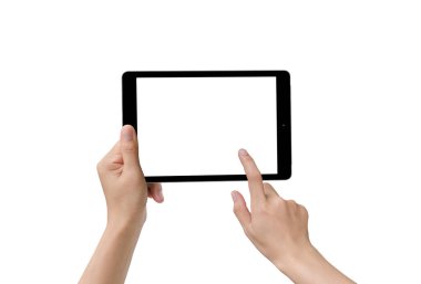 Holding ve beyaz arka plan üzerinde izole tablet PC'de dokunmadan eller