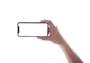 Fotoğrafta beyaz blackground izole kadın elinde Smartphone