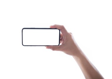 Fotoğrafta beyaz blackground izole kadın elinde Smartphone