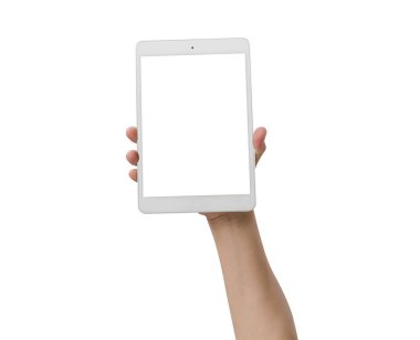 Holding ve beyaz arka plan üzerinde izole tablet PC'de dokunmadan eller
