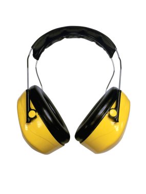 Kulak manşeti fabrikada güvenliktir ve beyaz arka plana odaklanır.