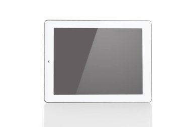 Boş ekran mockup izole beyaz arka plan üzerinde beyaz tablet bilgisayarınızla önden görünümü.