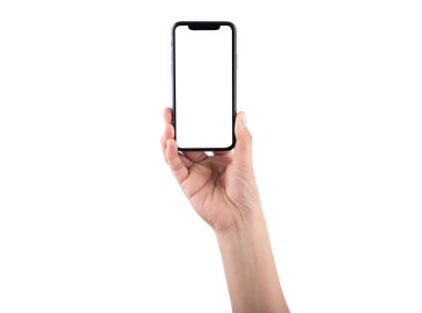 Bangkok, Tayland - 5 Ocak 2020: Smartphone iPhone 11 'in stüdyo görüntüsü yakın el telefonu beyaz renkli beyaz ekranda izole edilmiş