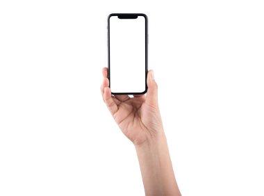 Bangkok, Tayland - 5 Ocak 2020: Smartphone iPhone 11 'in stüdyo görüntüsü yakın el telefonu beyaz renkli beyaz ekranda izole edilmiş