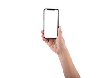 Akıllı telefon maketi. Beyaz ekranlı yeni çerçevesiz akıllı telefon modeli. Beyaz arka planda izole edilmiş. Yüksek kaliteli stüdyo çekimlerine dayanarak. Akıllı telefon çerçevesiz tasarım kavramı.