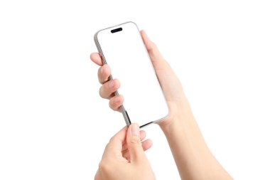 Bir kişi elinde beyaz bir çantayla cep telefonu tutuyor. Telefondaki kişi baş ve işaret parmağıyla telefonu tutuyor.