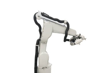 Beyaz arka planda robotik kol. Mekanik el. Endüstriyel robot manipülatörü. Modern endüstriyel teknoloji.