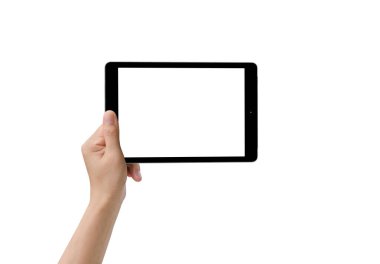 Holding ve beyaz arka plan üzerinde izole tablet PC'de dokunmadan eller