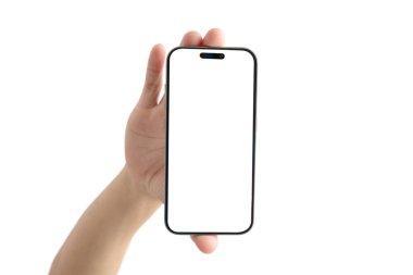 Beyaz arka planı olan bir cep telefonunu tutan bir el. Telefon siyah bir çantada. Basitlik ve minimalizm kavramı