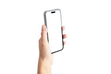 Beyaz cep telefonunu tutan bir el. Telefon açık değil ve ekranı da yok. El, telefonun neredeyse tamamen görülebileceği bir şekilde konumlandırılmış.