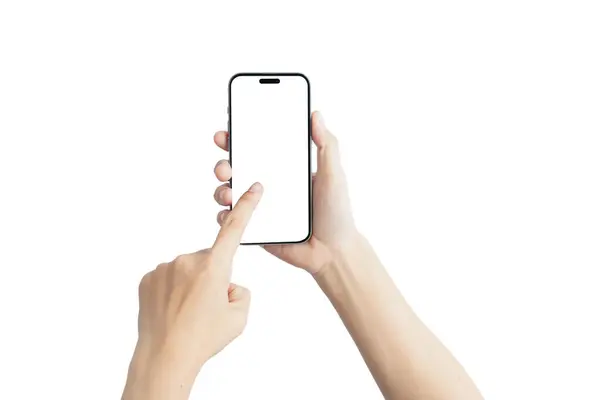 Bir kişi cep telefonunu tutuyor ve ekranı işaret ediyor. Telefon beyaz ve ekranda kişinin eli var.