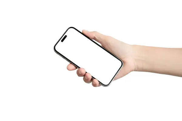 Beyaz cep telefonunu tutan bir el. Telefon açık değil ve ekranı da yok. El, telefonun neredeyse tamamen görülebileceği bir şekilde konumlandırılmış.