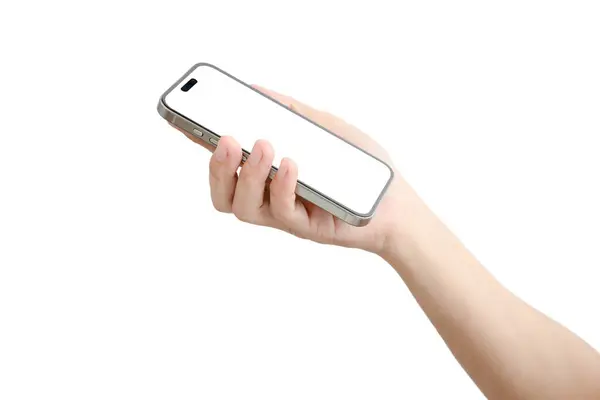 Beyaz cep telefonunu tutan bir el. Telefon kullanımda değil ve bir ağa bağlı değil
