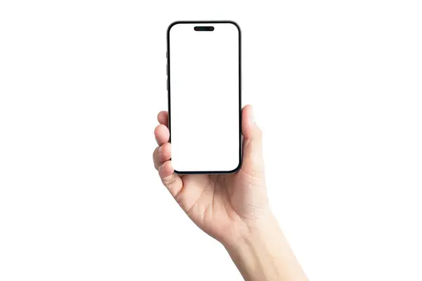 Beyaz arka planı olan bir cep telefonunu tutan bir el.