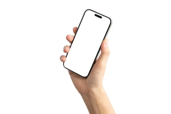 Beyaz cep telefonunu tutan bir el. Telefon açık değil ve ekranı da yok. El, telefonun neredeyse tamamen görülebileceği bir şekilde konumlandırılmış.