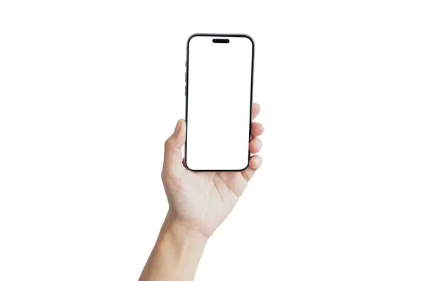 Beyaz arka planda akıllı telefonu tutan kadın.