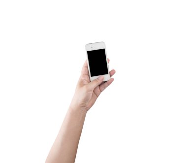 Kadın el beyaz smartphone tutarak.