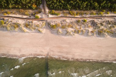 Tahta kaldırımlı ve ormanlı bir plajın havadan görünüşü