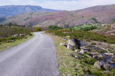 Portekiz, Peneda-Geres Ulusal Parkı 'ndaki Viraj Yolu ve Dağ Manzarası