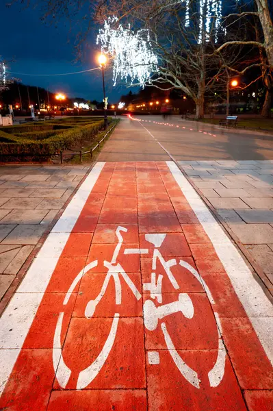 Gece bisiklet yolu ve şehir parkında Noel ışıkları.