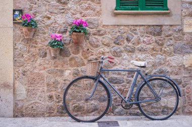 Antika Bisiklet ve Çiçekler Taş Duvara Karşı